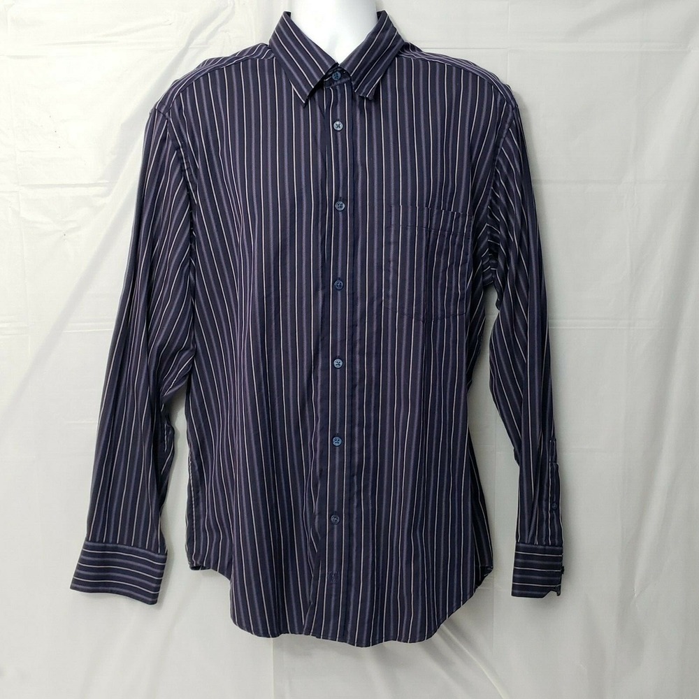Bugatchi Uomo Mens XL Long Sleeve Button-Front Purple / Black Striped Shirt
